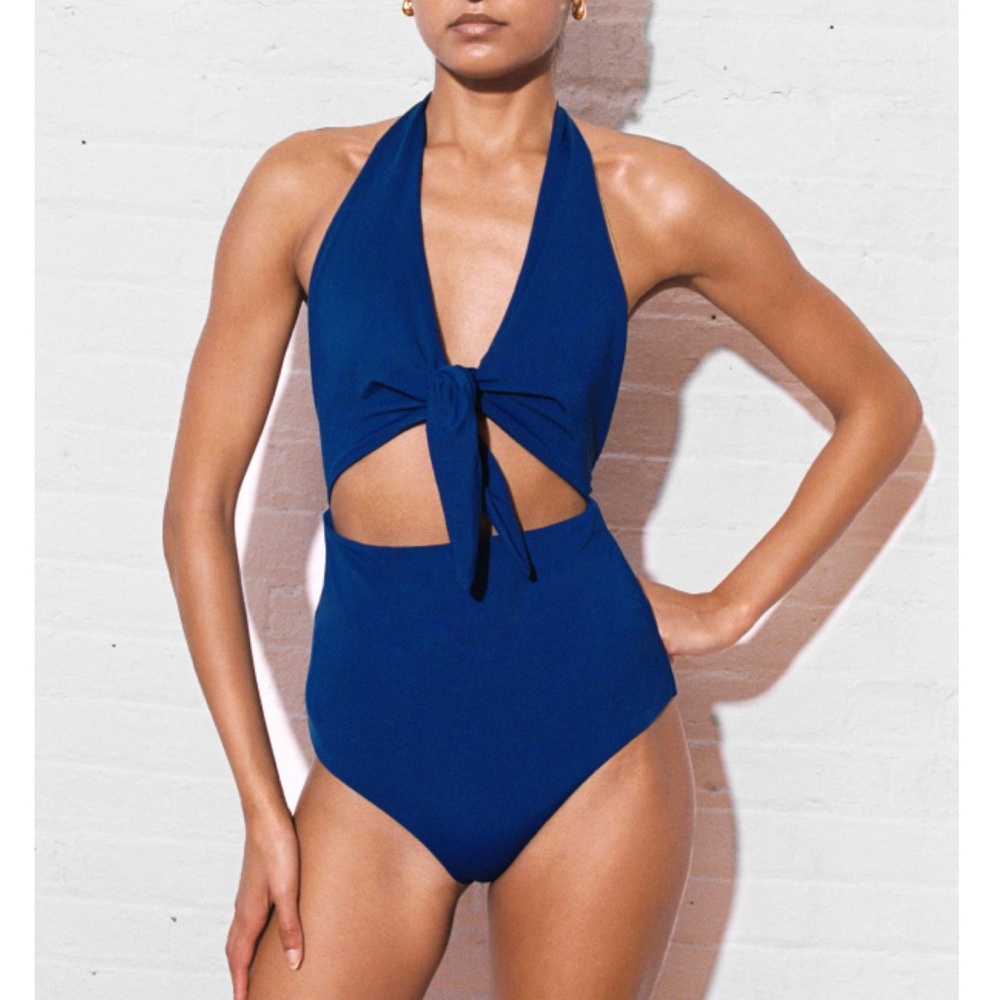 Mara Hoffman Maddy Tie-Front Cutout One-Piece Halter Swimsuit